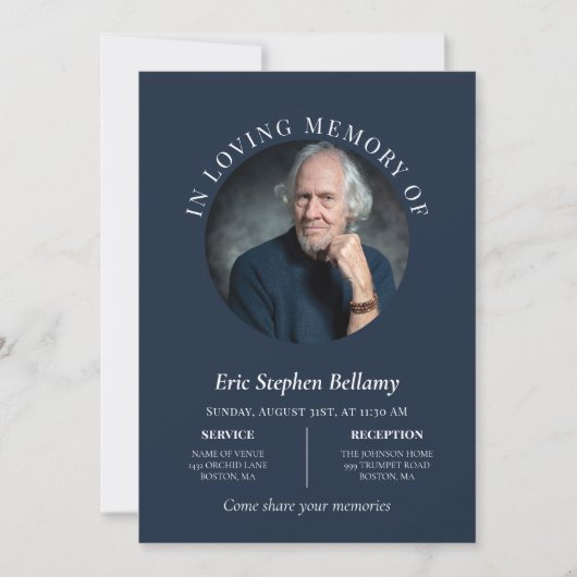 Invitation Élégante Marine Propre Round Photo Funérailles com (Devant)