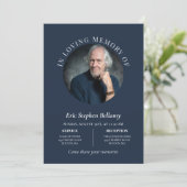 Invitation Élégante Marine Propre Round Photo Funérailles com (Debout devant)
