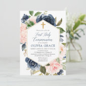 Invitation Elégante marine rose rousse fille première communi (Debout devant)