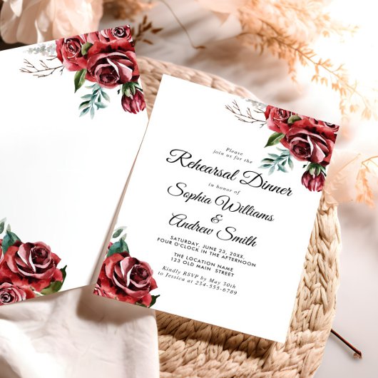 Invitation Elégante Marsala Red Rose Rustic Mariage Diner