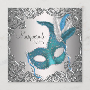 Invitation Élégante mascarade bleue Turquoise d'argent