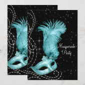 Invitation Élégante Mascarade Noir et Bleu Turquoise (Devant / Derrière)