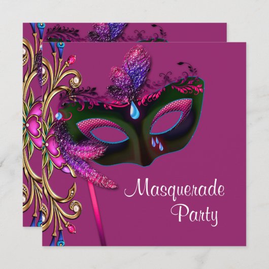 Invitation Élégante mascarade rose chaud (Devant / Derrière)