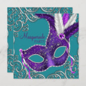 Invitation Élégante Mascarade violette et bleu turquoise (Devant / Derrière)