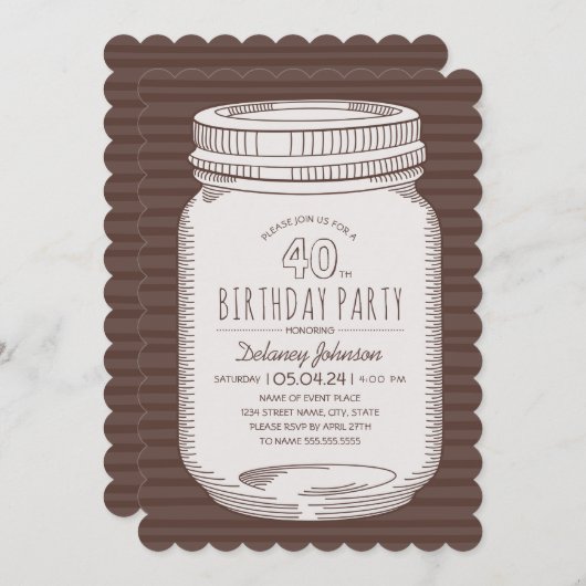 Invitation Elégante Mason Jar Rustic 40e fête d'anniversaire (Devant / Derrière)