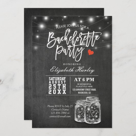 Invitation Élégante Mason Jar String Lumières Bachelorette Pa (Devant / Derrière)