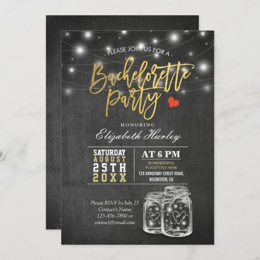 Invitation Élégante Mason Jar String Lumières Bachelorette Pa (Devant / Derrière)