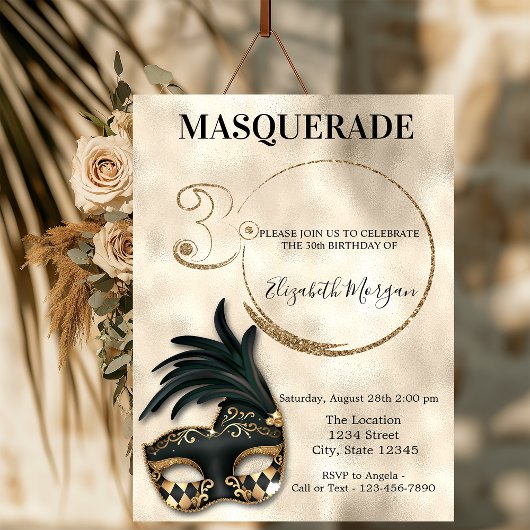Invitation Elégante Masquerade Gold 30e anniversaire