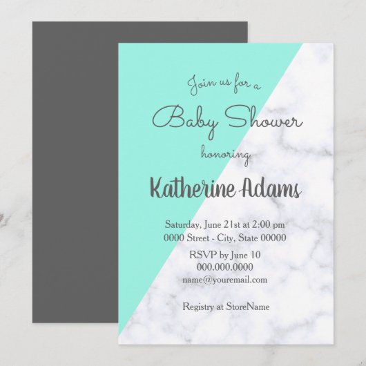 Invitation Elégante menthe et baby shower en marbre blanc (Devant / Derrière)