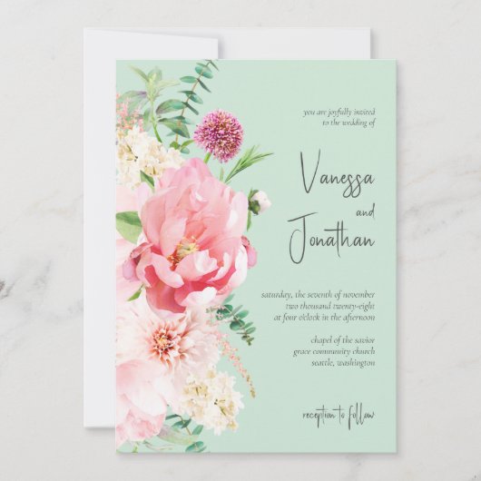 Invitation Elégante Menthe et Blush rose Floral Chic Invitati (Devant)