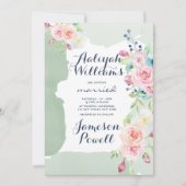 Invitation Elégante menthe vert rose aquarelle Mariage (Devant)