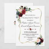 Invitation Elégante Merlot Navy Blue Floral Engagement Party (Devant / Derrière)