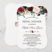 Invitation Elégante Merlot Navy Blue Floral Fête des mariées (Devant / Derrière)