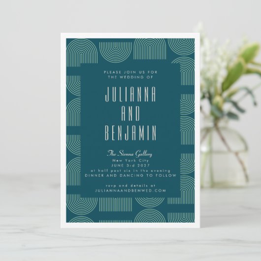 Invitation Elégante Mid Arch Lines Turquoise Blue Mariage (Debout devant)