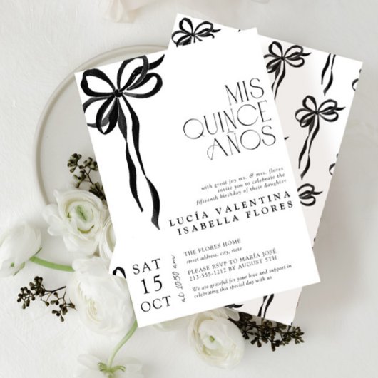 Invitation Elégante Mis Noir Bow Quince Años Quinceañera