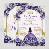 Invitation Elégante Mis Quince Purple & Fleurs Papillon (Devant / Derrière)