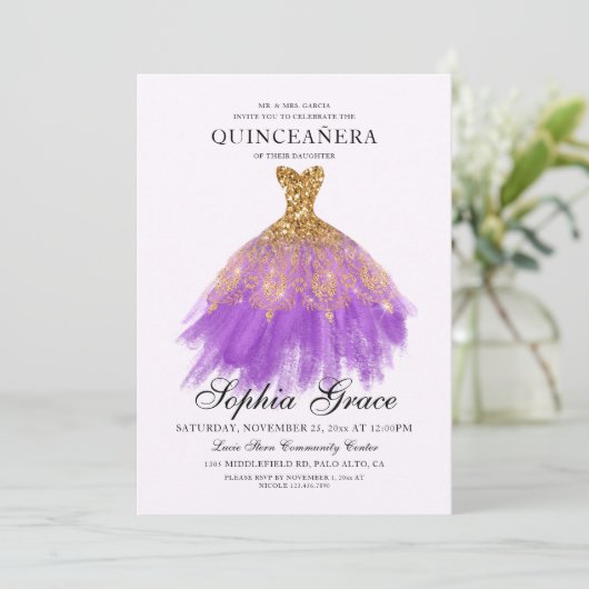 Invitation Elégante Mis Quince Purple Gold Parties scintillan (Debout devant)