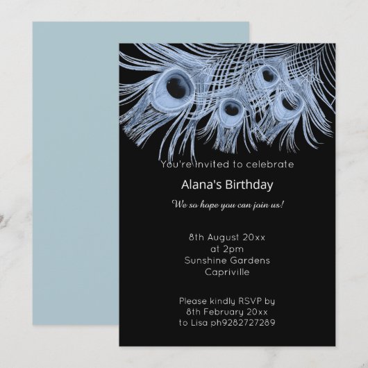 INVITATION ÉLÉGANTE MODERNE BLEU BLACK PEACOCK FEATHERS (Devant / Derrière)