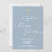 Invitation Élégante Moderne Croix Dorée Confirmation Bleu Pou (Devant)