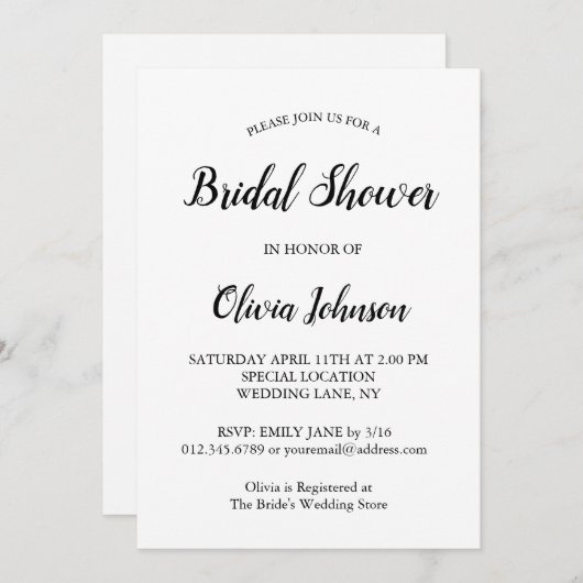 Invitation Elégante, moderne noir Script Fête des mariées bla (Devant / Derrière)