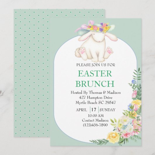 Invitation Elégante Monnaie Florale Vert Pâques Brunch Invita (Devant / Derrière)
