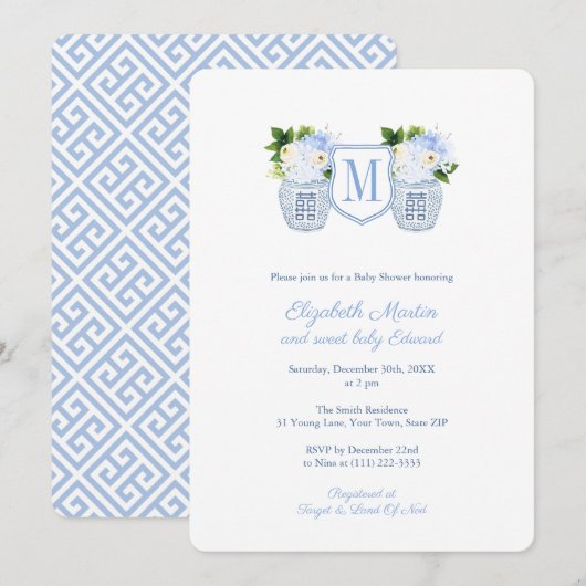 Invitation Elégante Monogram Blue White Boy Baby shower Party (Devant / Derrière)