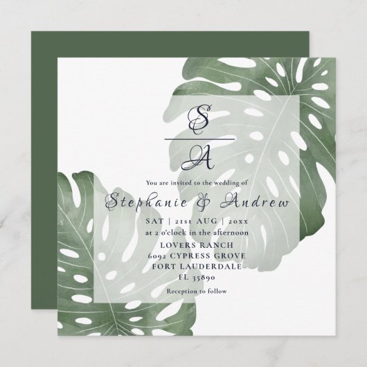 Invitation Élégante Monstera Emerald Mariage vert (Devant / Derrière)