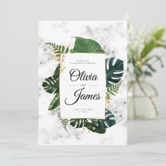 Invitation Elégante Monstera Verdure Mariage Or (Debout devant)
