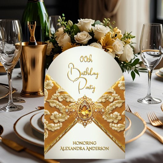 Invitation Elégante moutarde d'anniversaire Gold Jewel Fabric