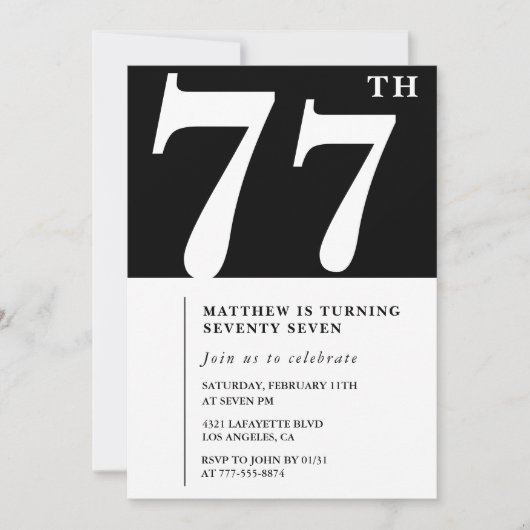 Invitation élégante noir blanc pour 77e anniversai (Devant)