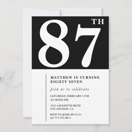 Invitation élégante noir blanc pour 87e anniversai (Devant)