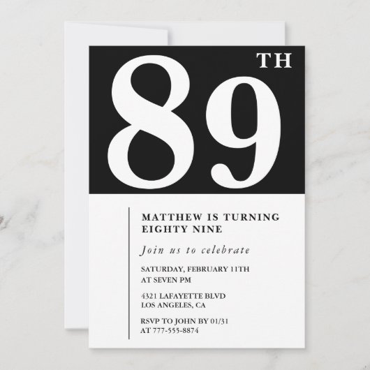 Invitation élégante noir blanc pour 89e anniversai (Devant)