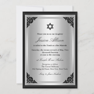 Invitation élégante noir et argent pour bat-mitzva