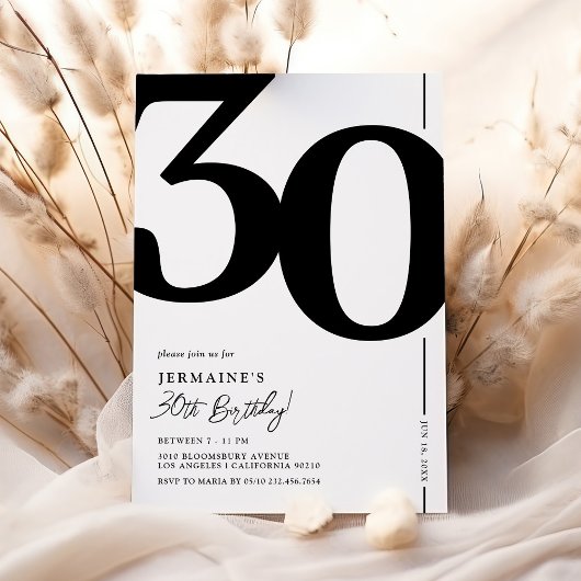 Invitation élégante noir et blanc pour 30e anniver
