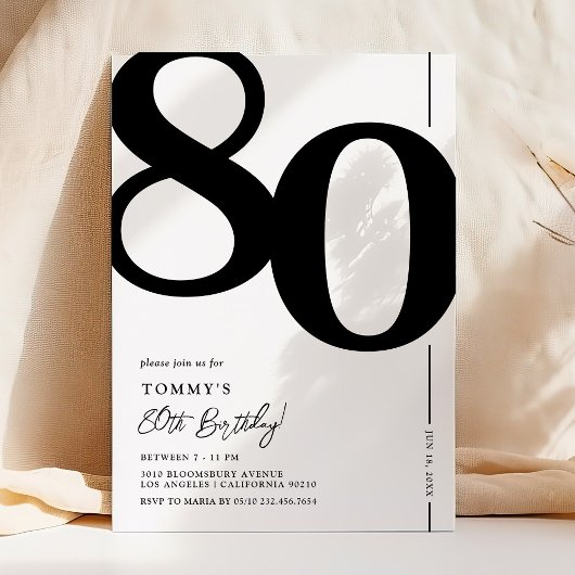 Invitation élégante noir et blanc pour 80e anniver
