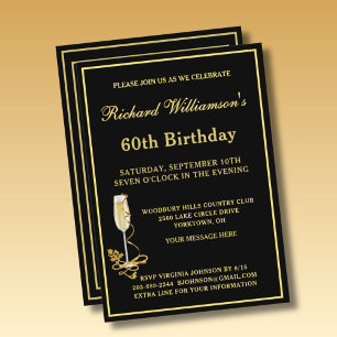 Invitation élégante noire et or pour les 60 ans