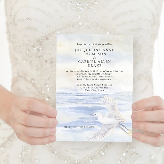 Invitation Elégante Ocean Beach Grue côtière Bleu et blanc