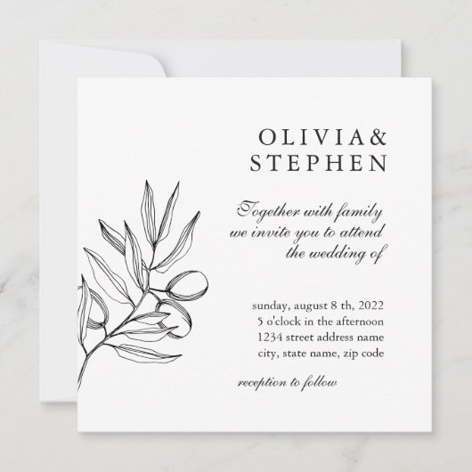 Invitation Elégante olive. Mariage noir blanc simple (Devant)