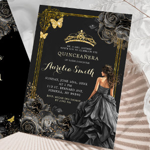 Invitation Elégante or et Rose noire Princesse Quinceañera