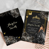 Invitation Elégante or et Rose noire Princesse Quinceañera