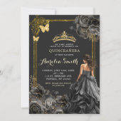 Invitation Elégante or et Rose noire Princesse Quinceañera (Devant)