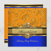 Invitation Elégante Orange Blue Gold Damask Anniversaire Part (Devant / Derrière)