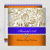 Invitation Elégante Orange Blue Gold Damask Pearl Party (Devant / Derrière)
