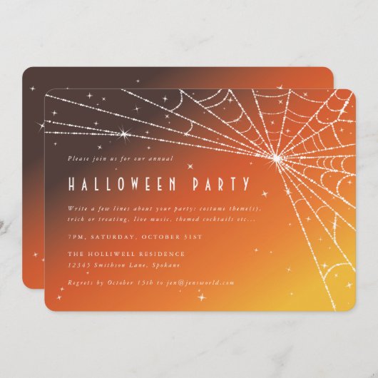 Invitation Elégante Orange Sunset Spider Web Halloween Party (Devant / Derrière)