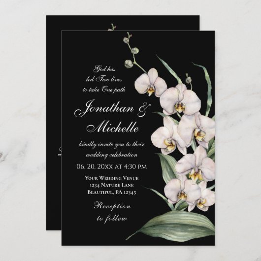 Invitation Elégante Orchidée blanche sur Mariage chrétien noi (Devant / Derrière)