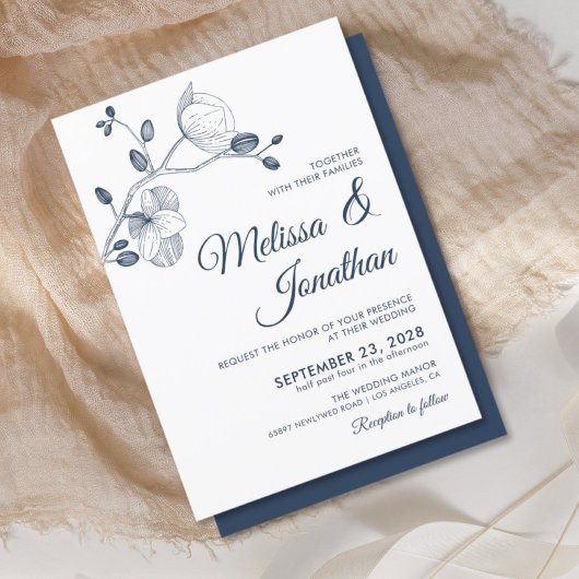 Invitation Elégante orchidée moderne florale bleu mariage bla