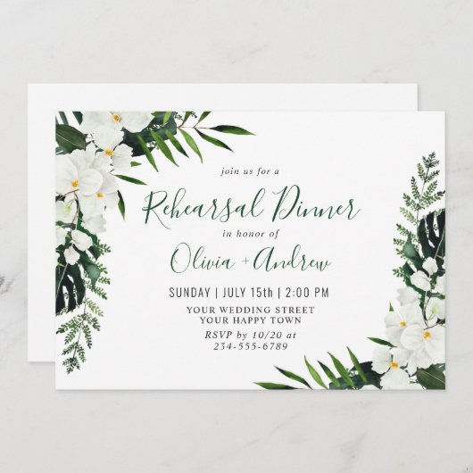 Invitation Elégante Orchidées Blances Bohème RÉPÉTITION DÎNER (Devant / Derrière)