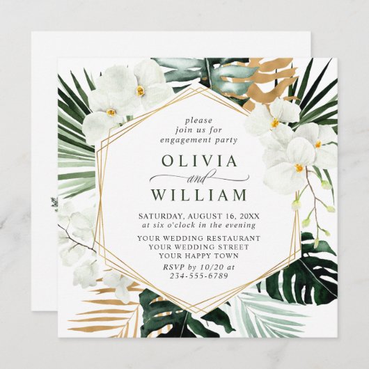 Invitation Elégante Orchidées Blanches Bohême ENGAGEMENT PART (Devant / Derrière)