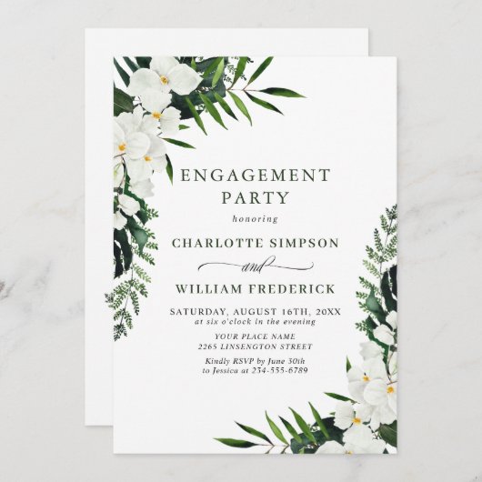 Invitation Elégante Orchidées Blanches Bohême ENGAGEMENT PART (Devant / Derrière)