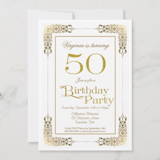 Invitation Elégante Ornate Gold Lace 50e fête d'anniversaire (Devant)